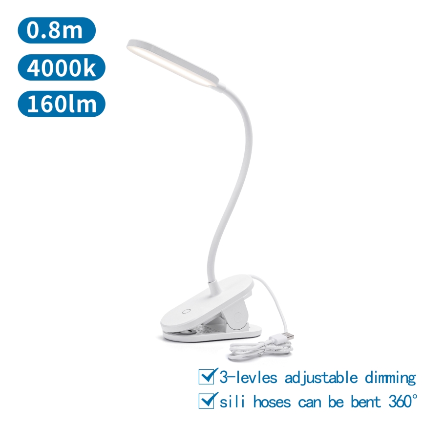 Aigostar - Светодиодная настольная лампа с регулированием яркости и зажимом LED/2,5W/5V белый