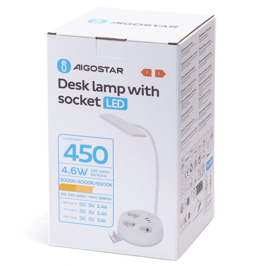 Aigostar - Светодиодная регулируемая настольная лампа с розетками и USB LED/4,6W/230V 3000/4000/6500K белая
