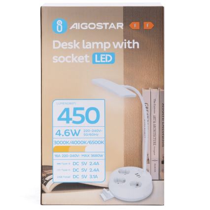 Aigostar - Светодиодная регулируемая настольная лампа с розетками и USB LED/4,6W/230V 3000/4000/6500K белая