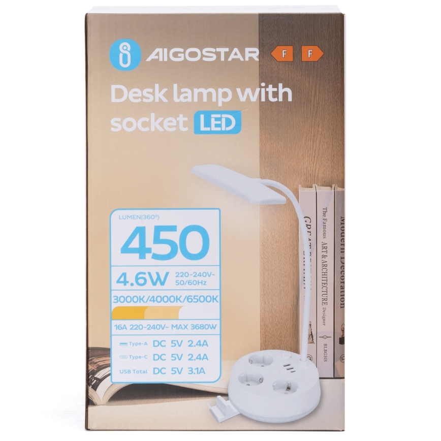 Aigostar - Светодиодная регулируемая настольная лампа с розетками и USB LED/4,6W/230V 3000/4000/6500K белая