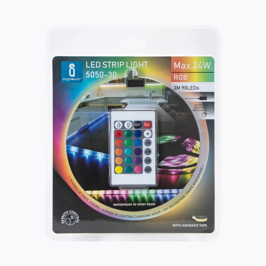 Aigostar - Светодиодная RGB-лента с регулированием яркости 3 м LED/24W/12/230V IP65 + дистанционное управление