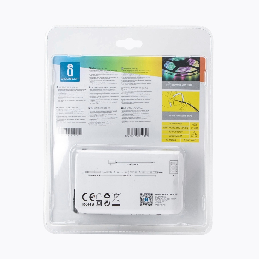 Aigostar - Светодиодная RGB-лента с регулированием яркости 3 м LED/24W/12/230V IP65 + дистанционное управление