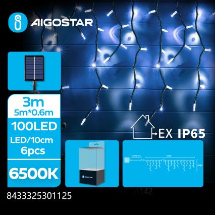 Aigostar - Светодиодная рождественская гирлянда на солнечной батарее 100xLED/8 функций 8x0,6 м 500 mAh IP65 холодный белый