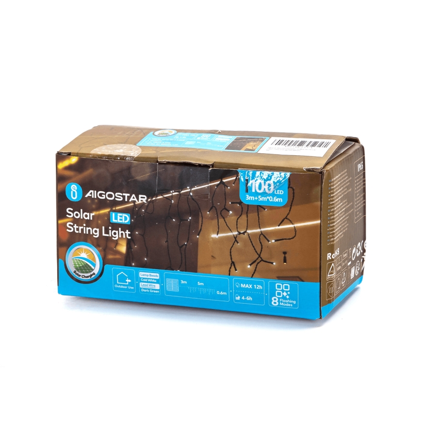 Aigostar - Светодиодная рождественская гирлянда на солнечной батарее 100xLED/8 функций 8x0,6 м 500 mAh IP65 холодный белый