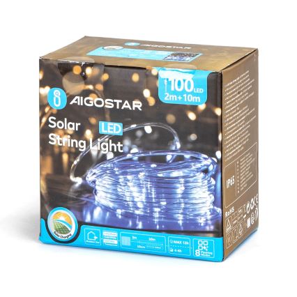 Aigostar - Светодиодная рождественская гирлянда на солнечной батарее 100xLED/8 функций 12 м IP65 холодный белый