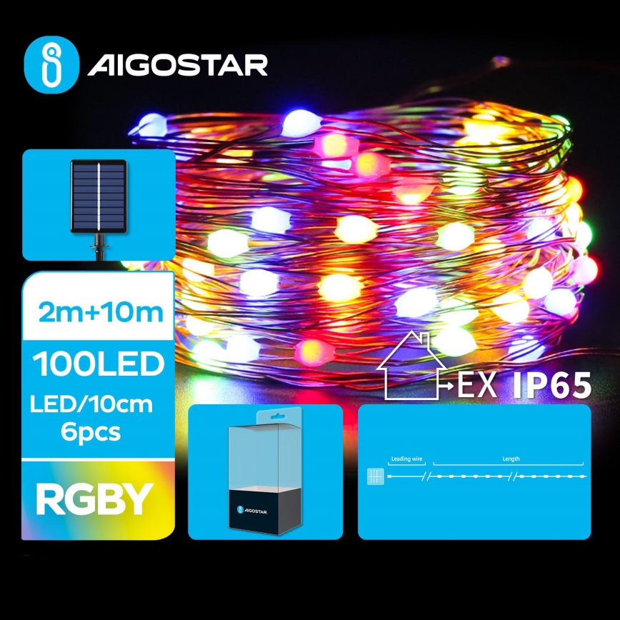 Aigostar - Светодиодная рождественская гирлянда на солнечной батарее 100xLED/8 функций 12 м IP65 цветной