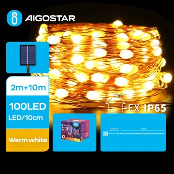 Aigostar - Светодиодная рождественская гирлянда на солнечной батарее 100xLED/8 функций 12 м IP65 теплый белый
