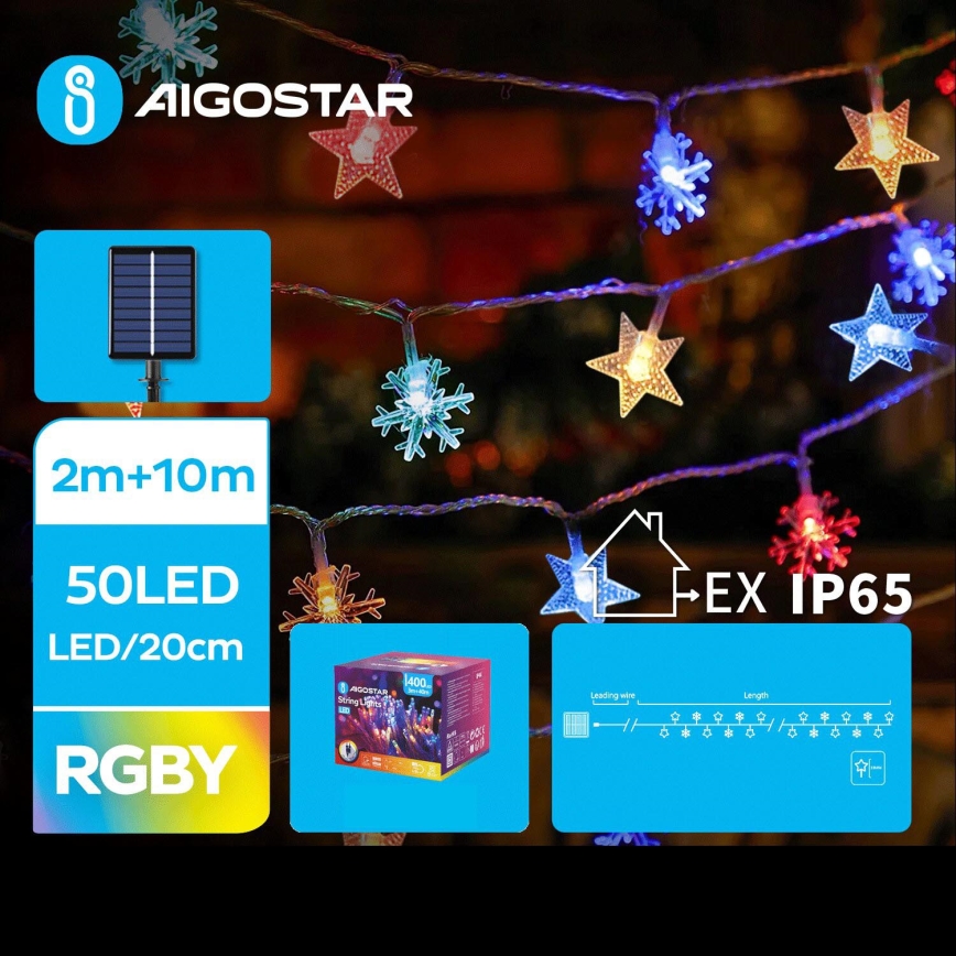 Aigostar - Светодиодная рождественская гирлянда на солнечной батарее 50xLED/8 функций 12 м IP65 цветной
