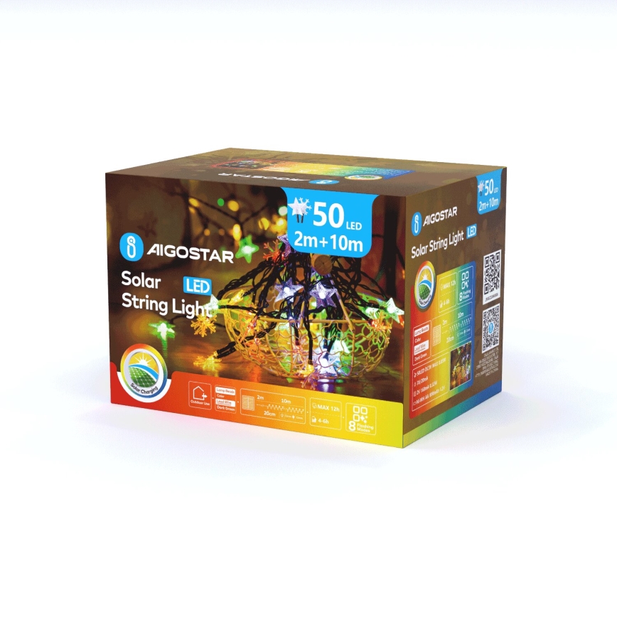 Aigostar - Светодиодная рождественская гирлянда на солнечной батарее 50xLED/8 функций 800 mAh 12 м IP65 цветной