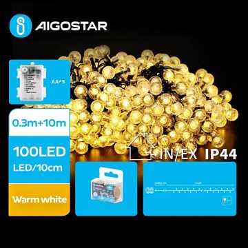 Aigostar - Светодиодная уличная гирлянда 100xLED/3xAA/8 функций 10,3 м IP44 тёплый белый