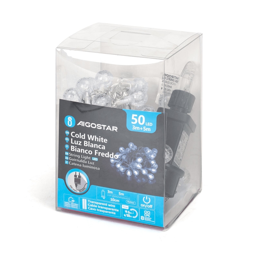 Aigostar - светодиодная уличная гирлянда, 50 LED, 8 режимов, 8 м, IP44, холодный белый