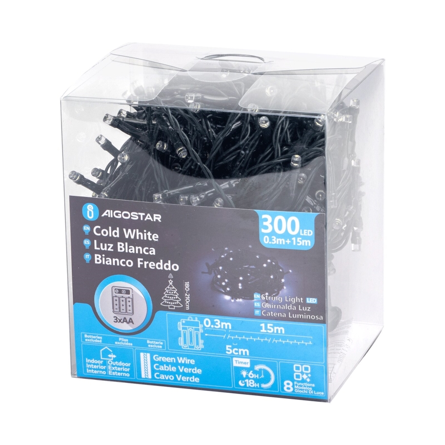 Aigostar - Светодиодная уличная рождественская гирлянда 300xLED/8 функций 15,3 м IP44 холодный белый