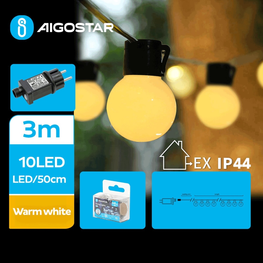 Aigostar - Светодиодная уличная декоративная гирлянда 10xLED/3 м IP44 теплый белый