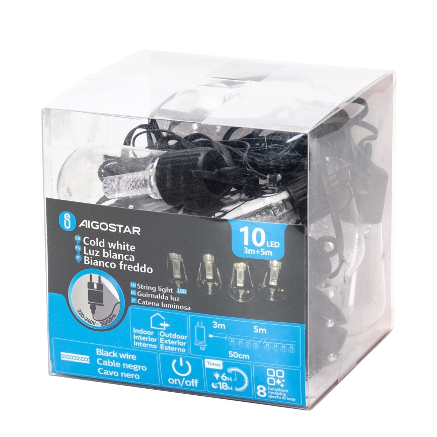 Aigostar - Светодиодная уличная декоративная гирлянда 10xLED/8 м IP44 холодный белый