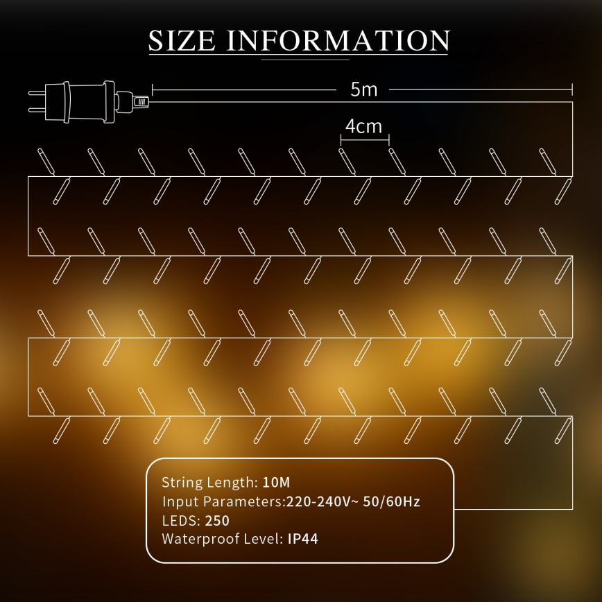 Aigostar - Светодиодная уличная декоративная гирлянда 250xLED/10 м IP44 теплый белый