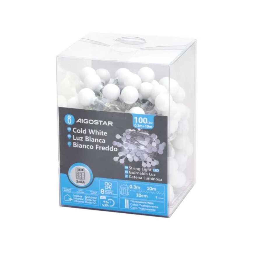 Aigostar - Светодиодная уличная рождественская гирлянда 100xLED/3xAA/8 функций 10,3 м IP44 холодный белый