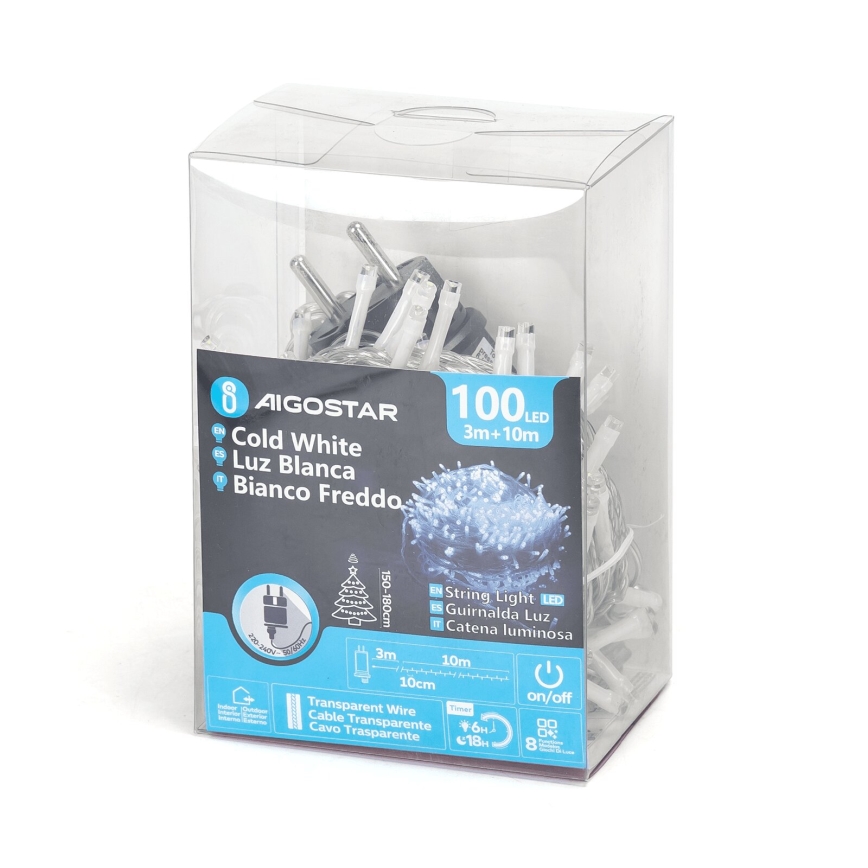 Aigostar - Светодиодная уличная рождественская гирлянда 100xLED/8 функций 13 м IP44 холодный белый