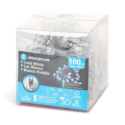 Aigostar - Светодиодная уличная рождественская гирлянда 100xLED/8 функций 13 м IP44 холодный белый
