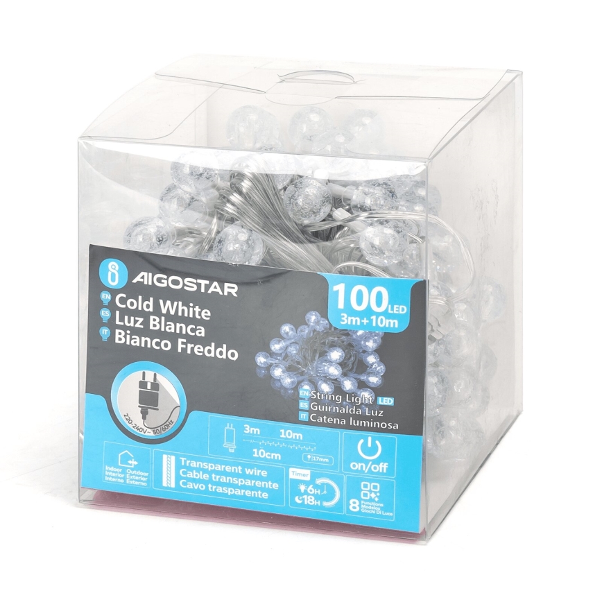 Aigostar - Светодиодная уличная рождественская гирлянда 100xLED/8 функций 13 м IP44 холодный белый