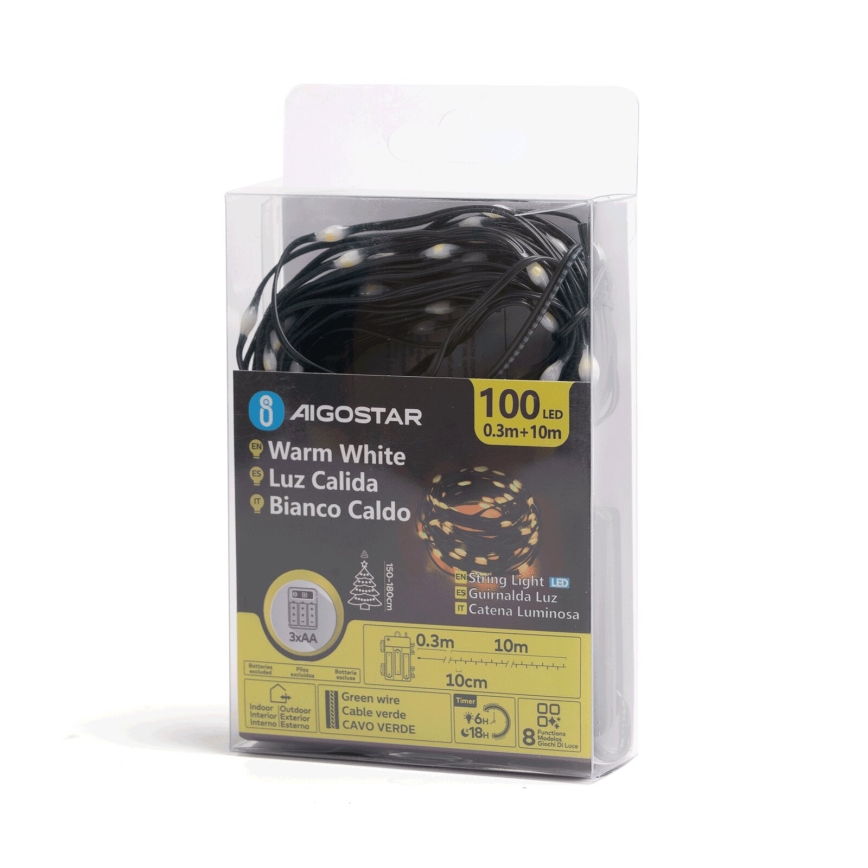 Aigostar - Светодиодная уличная рождественская гирлянда 100xLED/8 функций 3xAA 10,3 м IP44 теплый белый