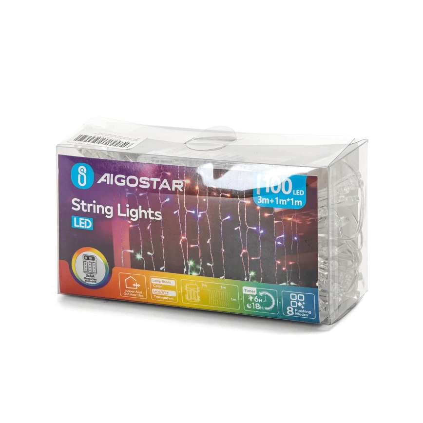 Aigostar - Светодиодная уличная рождественская гирлянда 100xLED/8 функций 3xAA 4x1 м IP44 цветной