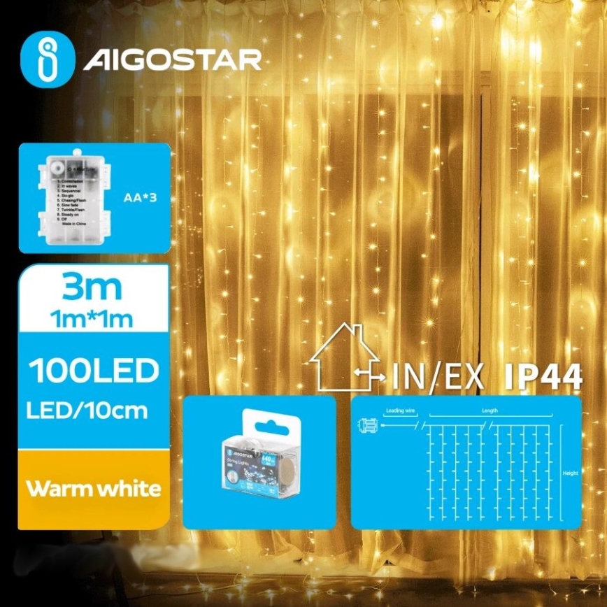 Aigostar - Светодиодная уличная рождественская гирлянда 100xLED/8 функций 3xAA 4x1 м IP44 теплый белый