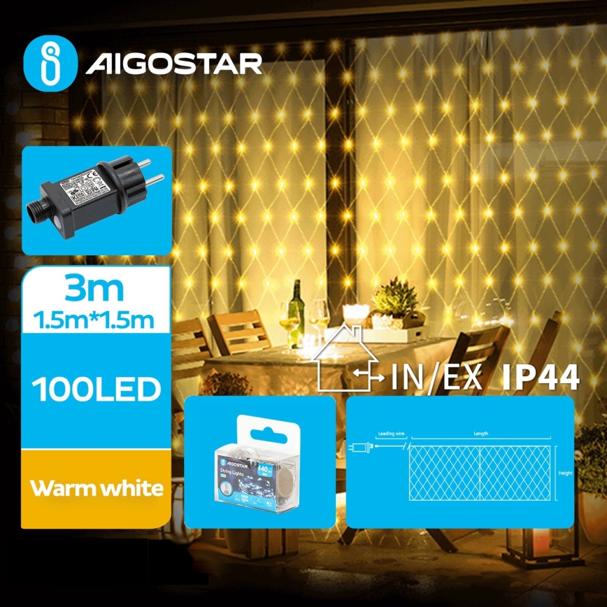Aigostar - Светодиодная уличная рождественская гирлянда 100xLED/8 функций 4,5x1,5 м IP44 теплый белый