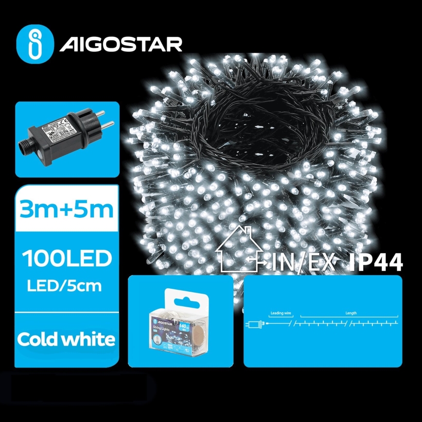 Aigostar - Светодиодная уличная рождественская гирлянда 100xLED/8 функций 8 м IP44 холодный белый