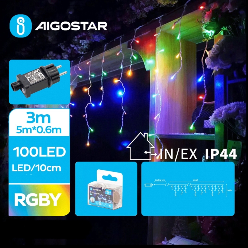 Aigostar - Светодиодная уличная рождественская гирлянда 100xLED/8 функций 8x0,6 м IP44 цветной