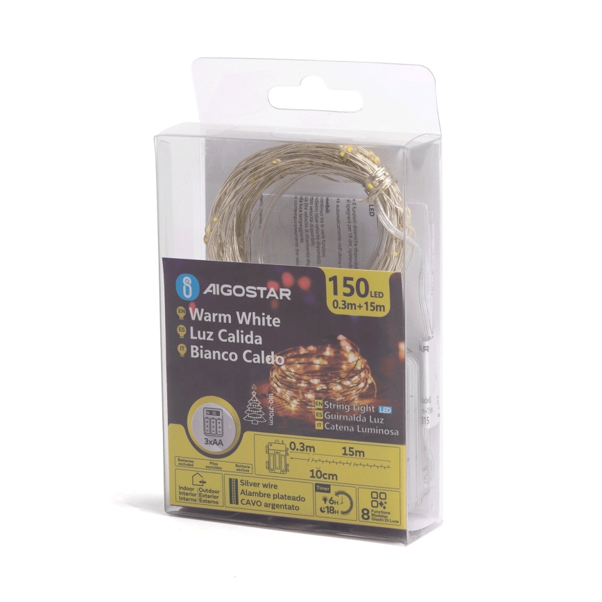 Aigostar - Светодиодная уличная рождественская гирлянда 150xLED/8 функций 3xAA 15,3 м IP44 теплый белый