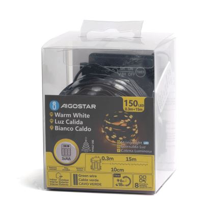Aigostar - Светодиодная уличная рождественская гирлянда 150xLED/8 функций 3xAA 15,3 м IP44 теплый белый