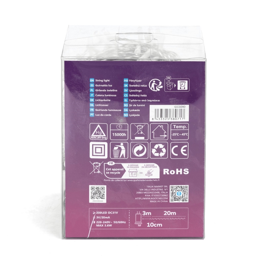 Aigostar - Светодиодная уличная рождественская гирлянда 200xLED/8 функций 23 м IP44 холодный белый