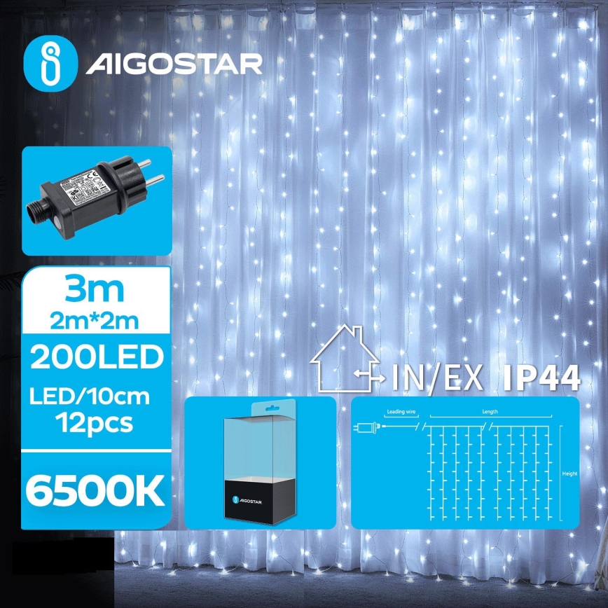 Aigostar - Светодиодная уличная рождественская гирлянда 200xLED/8 функций 5x2 м IP44 холодный белый