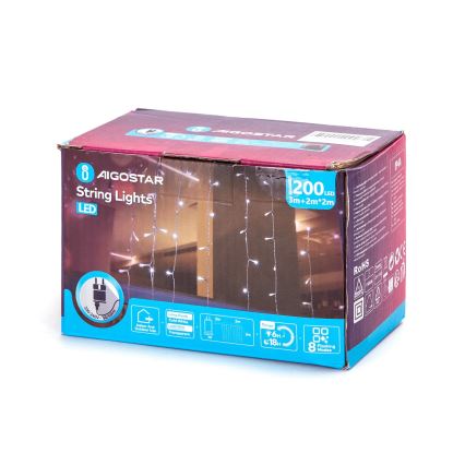 Aigostar - Светодиодная уличная рождественская гирлянда 200xLED/8 функций 5x2 м IP44 холодный белый