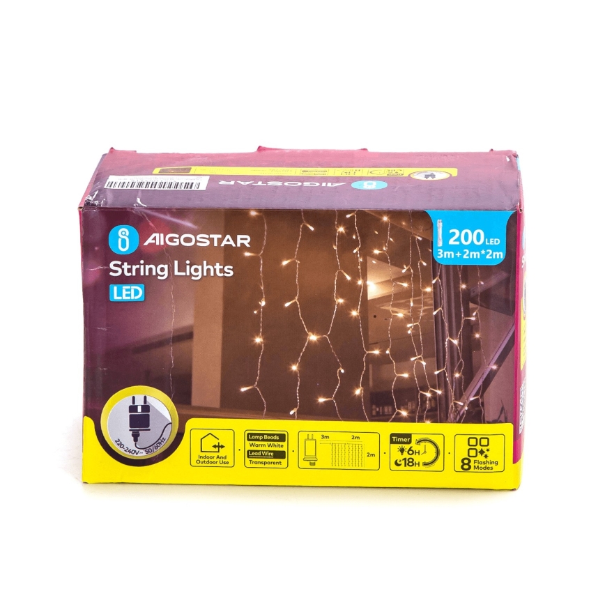 Aigostar - Светодиодная уличная рождественская гирлянда 200xLED/8 функций 5x2 м IP44 теплый белый