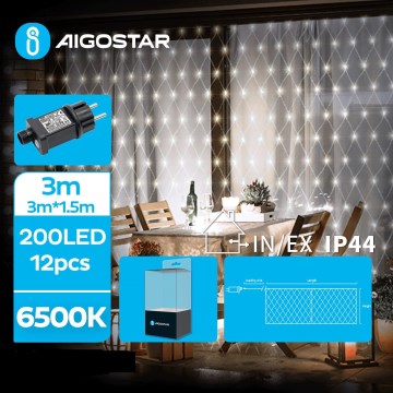 Aigostar - Светодиодная уличная рождественская гирлянда 200xLED/8 функций 6x1,5 м IP44 холодный белый