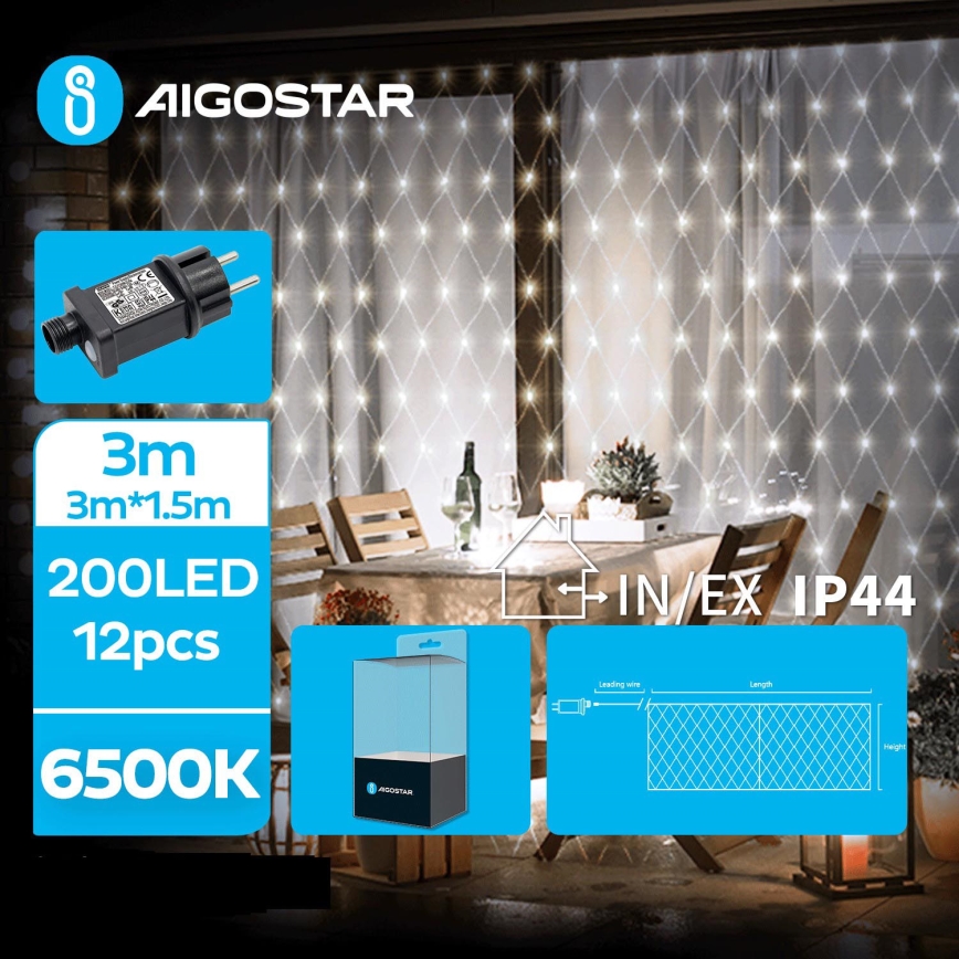 Aigostar - Светодиодная уличная рождественская гирлянда 200xLED/8 функций 6x1,5 м IP44 холодный белый