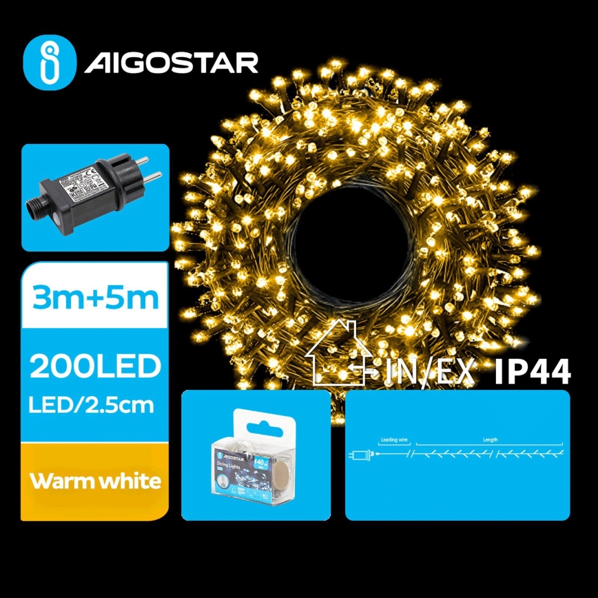 Aigostar - Светодиодная уличная рождественская гирлянда 200xLED/8 функций 8 м IP44 теплый белый
