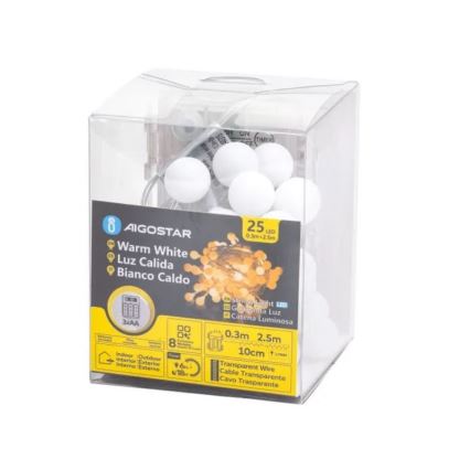 Aigostar - Светодиодная уличная рождественская гирлянда 25xLED/3xAA/8 функций 2,8 м IP44 теплый белый