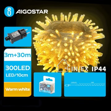 Aigostar - Светодиодная уличная рождественская гирлянда 300xLED/8 функций 33 м IP44 теплый белый