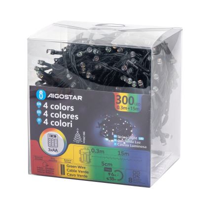 Aigostar - Светодиодная уличная рождественская гирлянда 300xLED/8 функций 3xAA 15,3 м IP44 цветной
