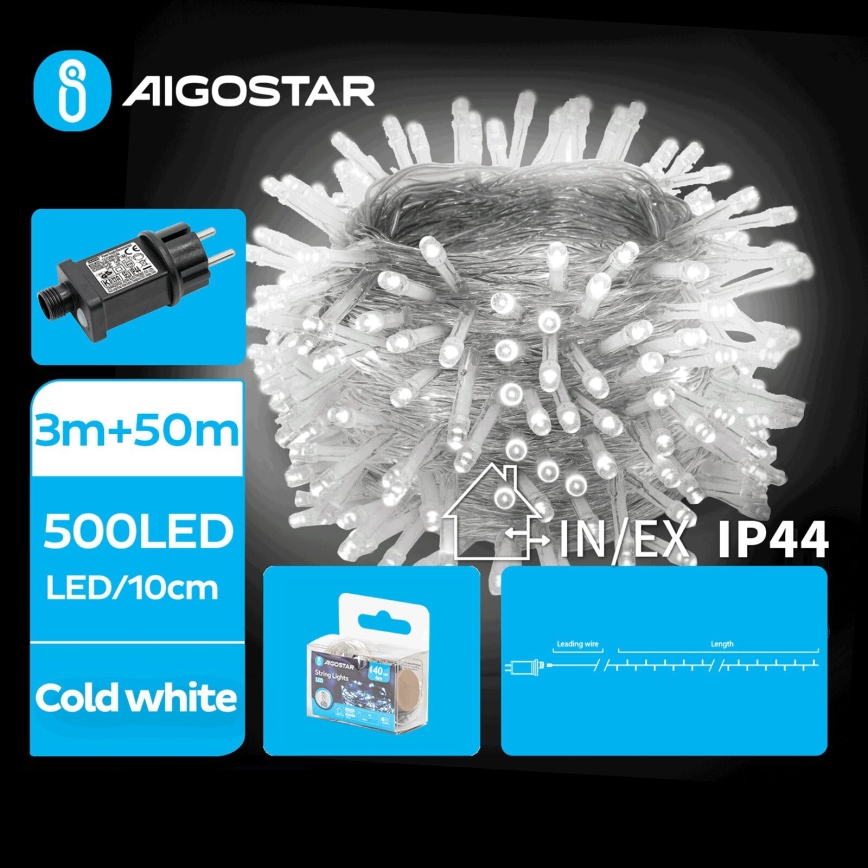 Aigostar - Светодиодная уличная рождественская гирлянда 500xLED/8 функций 53 м IP44 холодный белый