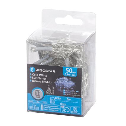 Aigostar - Светодиодная уличная рождественская гирлянда 50xLED/8 функций 3xAA 5,3 м IP44 холодный белый
