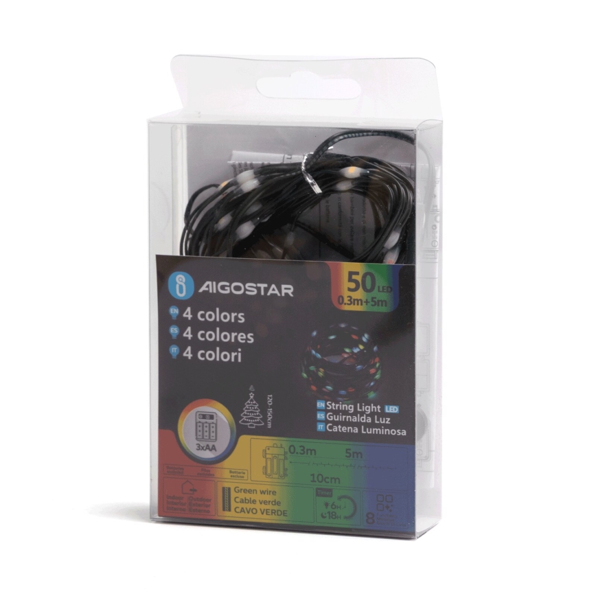 Aigostar - Светодиодная уличная рождественская гирлянда 50xLED/8 функций 3xAA 5,3 м IP44 цветной