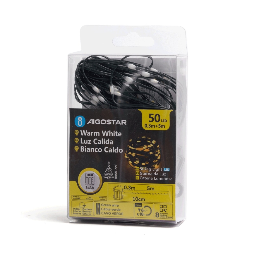 Aigostar - Светодиодная уличная рождественская гирлянда 50xLED/8 функций 3xAA 5,3 м IP44 теплый белый