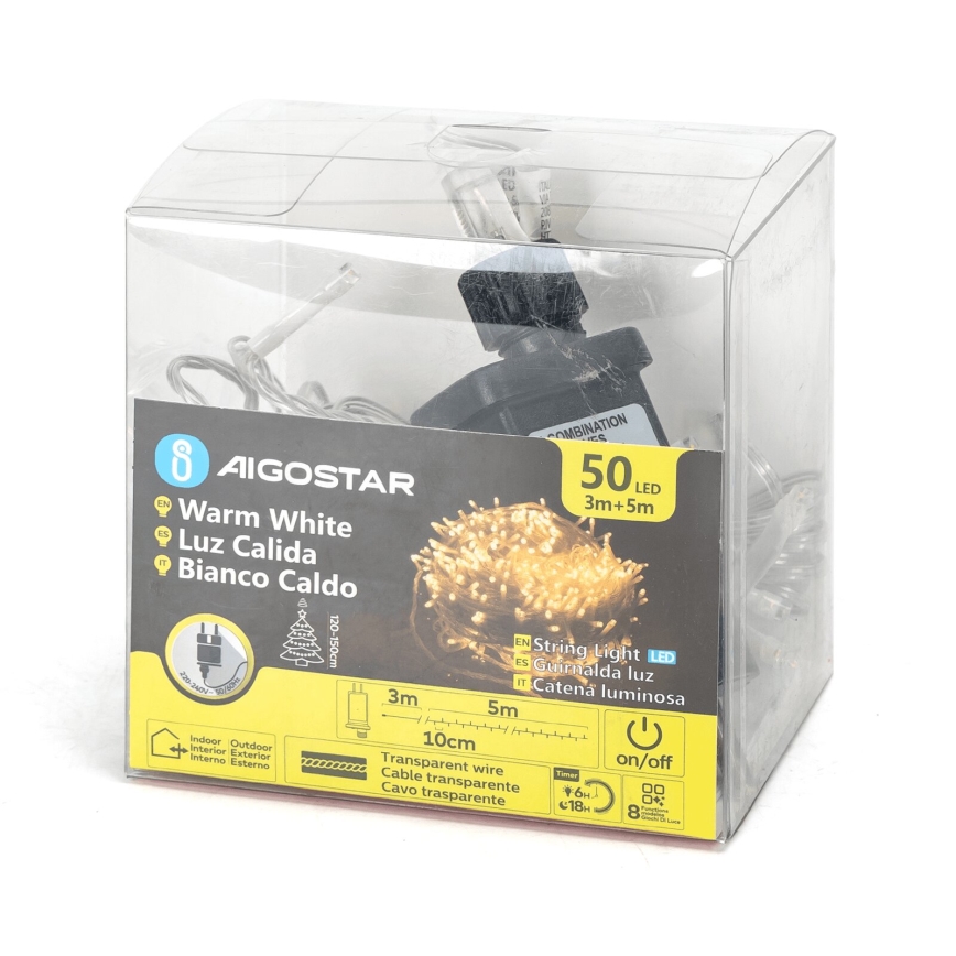 Aigostar - Светодиодная уличная рождественская гирлянда 50xLED/8 функций 8 м IP44 теплый белый