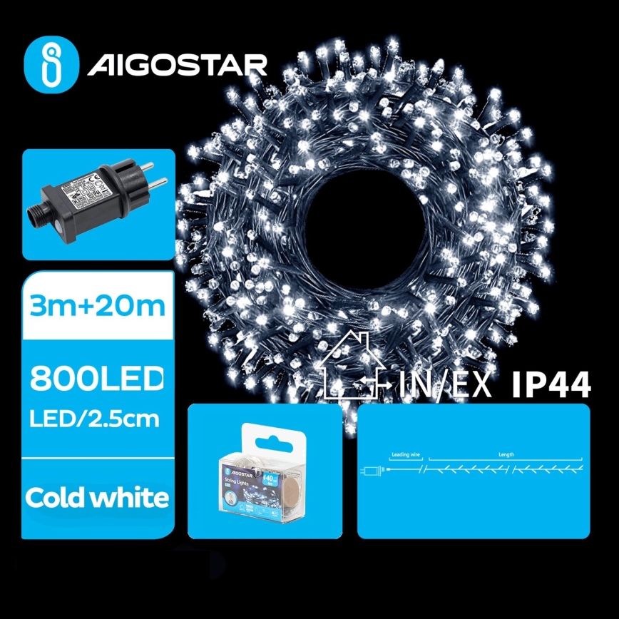 Aigostar - Светодиодная уличная рождественская гирлянда 800xLED/8 функций 23 м IP44 холодный белый