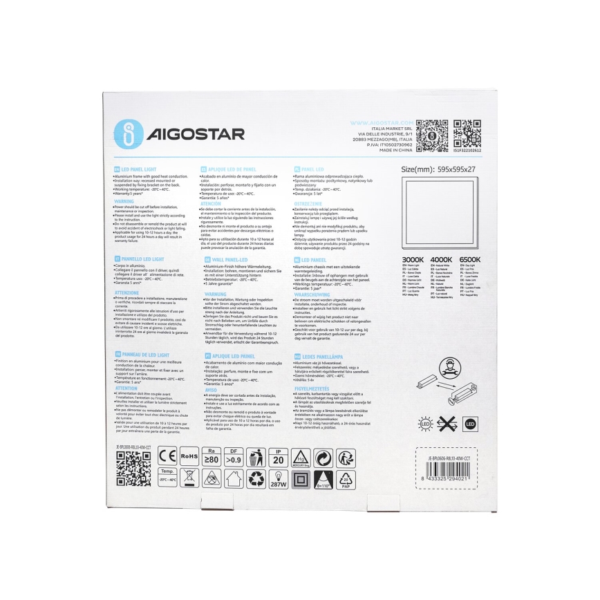 Aigostar - Светодиодная встроенная панель LED/40W/230V 3000K/4000K/6500K 60x60 см белый