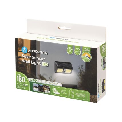 Aigostar - Светодиодный настенный светильник на солнечной батарее с датчиком LED/20W/5,5V 2400 mAh 6500K IP65