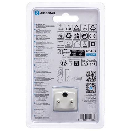 Aigostar - Светодиодный ночник с датчиком освещенности LED/0,2W/230V 6500K